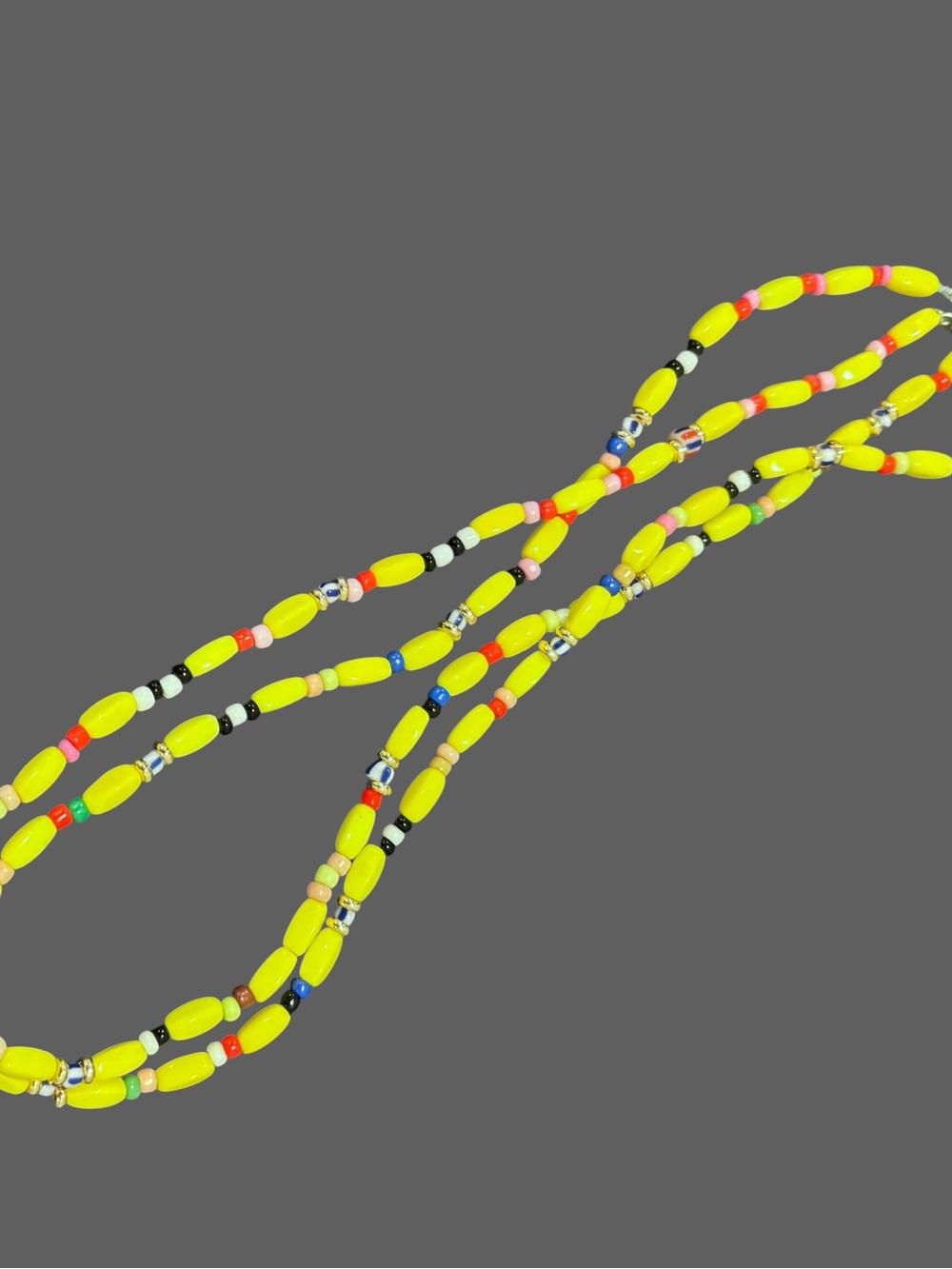 Artisan bright yellow dopamine mixed media long beaded statement necklace